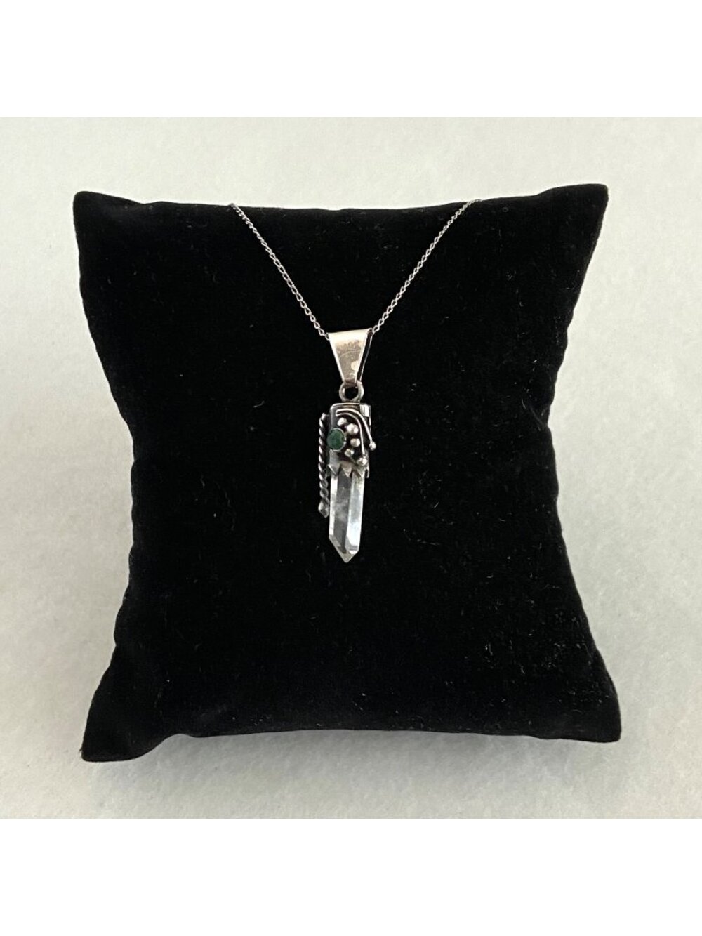 Sterling Silver 925 Clear Quartz Crystal Point Pendant Necklace 17" Curb Chain